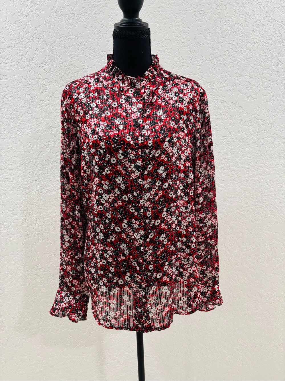 Tommy Hilfiger Red Black White Floral Ruffle Neck Blouse